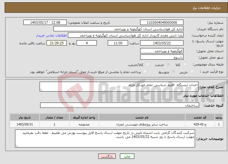 تصویر کوچک آگهی نیاز انتخاب تامین کننده-احداث ایستگاه اقلیم شناسی تمام خودکار چرام