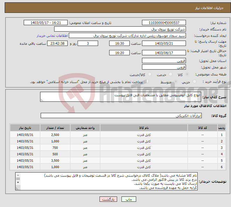 تصویر کوچک آگهی نیاز انتخاب تامین کننده-انواع کابل آلومینیومی مطابق با مشخصات فنی فایل پیوست