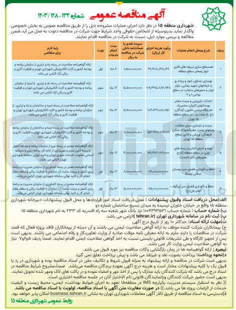 تصویر کوچک آگهی احداث ؛بازپیرایی و مرمت معابر بوستانهای کاروان ؛مشیریه ،تفرجگاه ؛نرجس خاتون ؛آزادگان ،باغ راه بعثت و..... در سطح منطقه 15تهران 