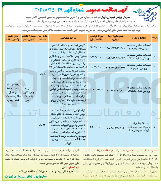 تصویر کوچک آگهی تعمیرات اساسی مجموعه ورزشی شکوفه م 14