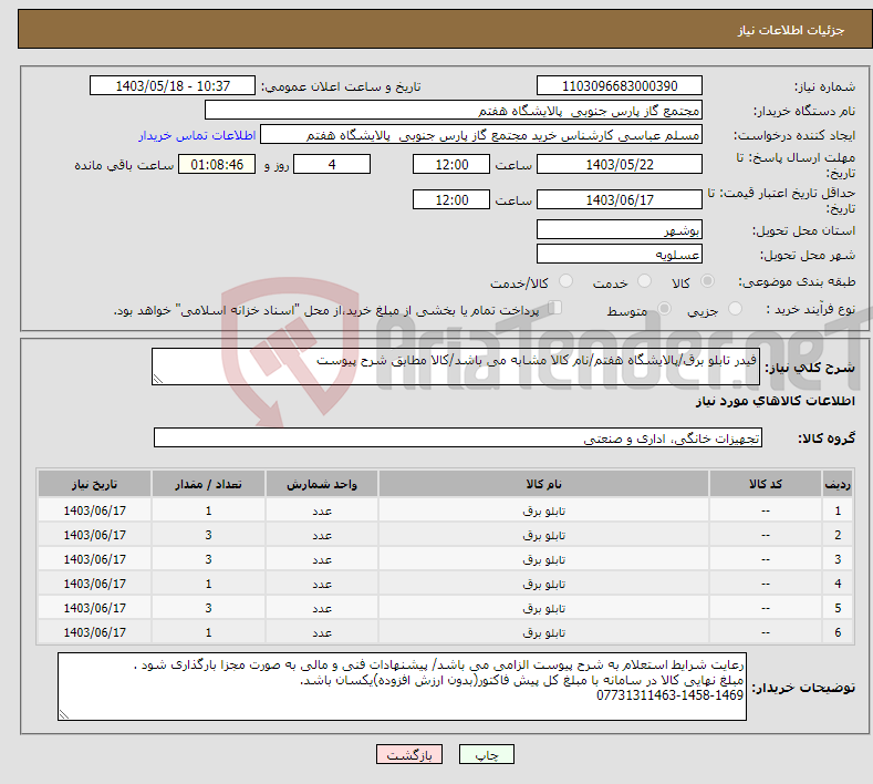 تصویر کوچک آگهی نیاز انتخاب تامین کننده-فیدر تابلو برق/پالایشگاه هفتم/نام کالا مشابه می باشد/کالا مطابق شرح پیوست