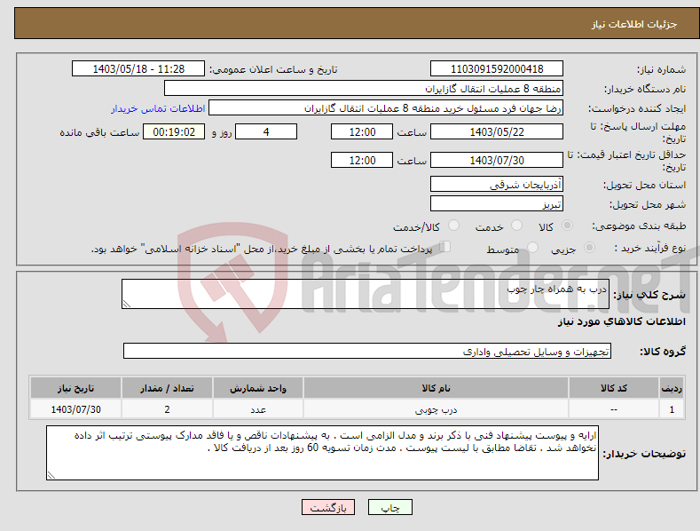 تصویر کوچک آگهی نیاز انتخاب تامین کننده-درب به همراه چار چوب