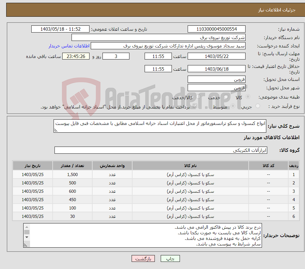 تصویر کوچک آگهی نیاز انتخاب تامین کننده-انواع کنسول و سکو ترانسفورماتور از محل اعتبارات اسناد خزانه اسلامی مطابق با مشخصات فنی فایل پیوست