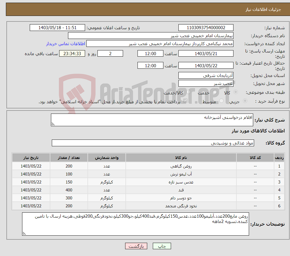 تصویر کوچک آگهی نیاز انتخاب تامین کننده-اقلام درخواستی آشپزخانه