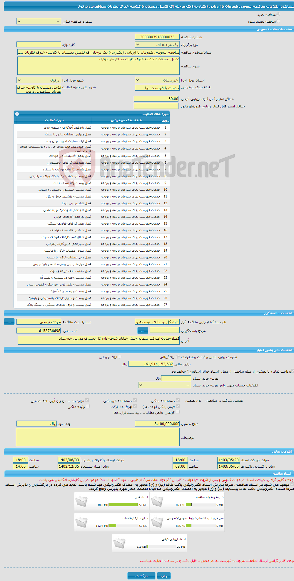 تصویر کوچک آگهی مناقصه عمومی همزمان با ارزیابی (یکپارچه) یک مرحله ای تکمیل دبستان 6 کلاسه خیری نظریان سیاهپوش دزفول