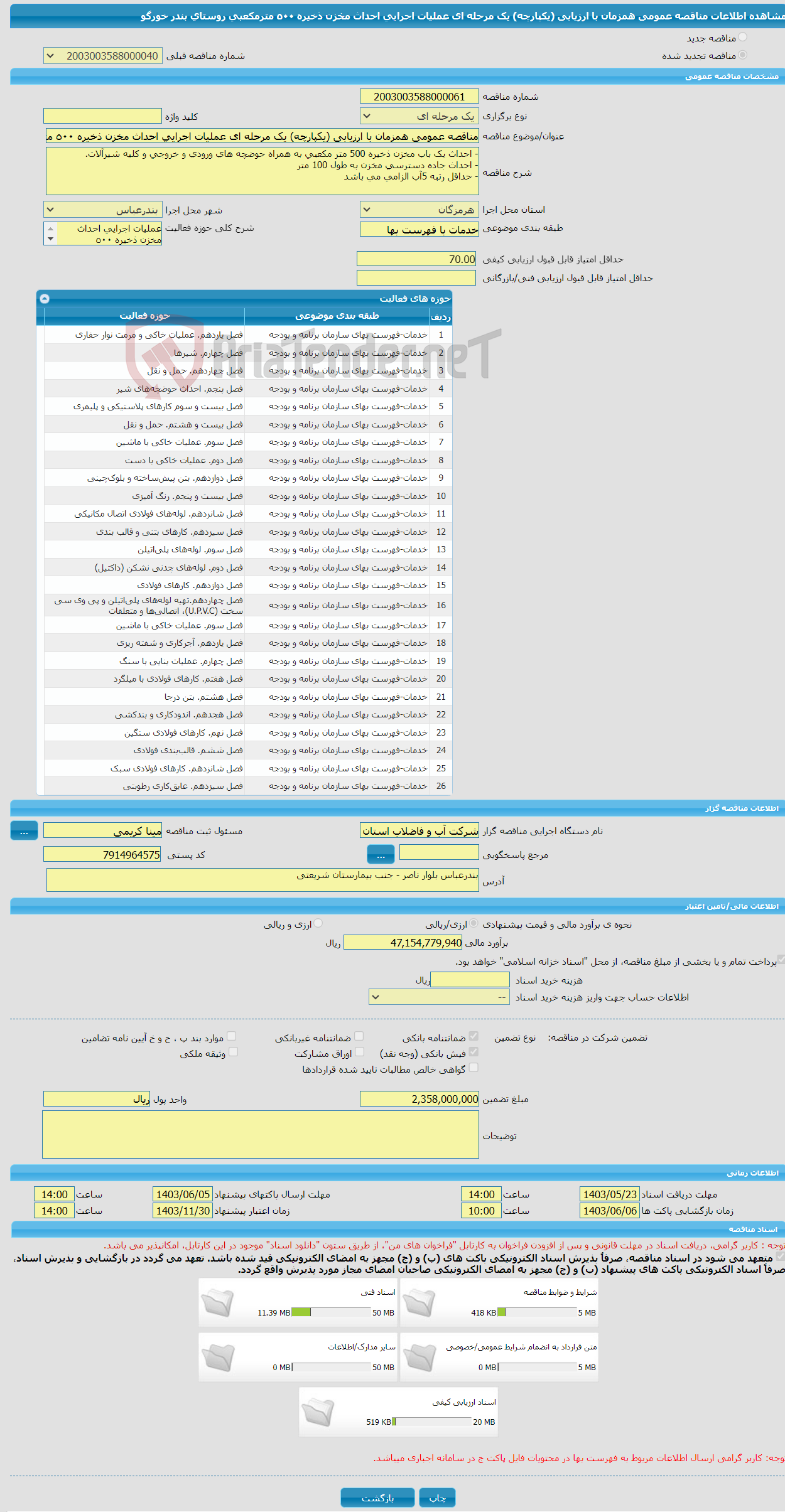 تصویر کوچک آگهی مناقصه عمومی همزمان با ارزیابی (یکپارچه) یک مرحله ای عملیات اجرایی احداث مخزن ذخیره ٥٠٠ مترمکعبی روستای بندر خورگو