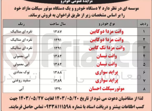 تصویر کوچک آگهی فروش 7 دستگاه خودرو و یک دستگاه موتور سیکلت مازاد 