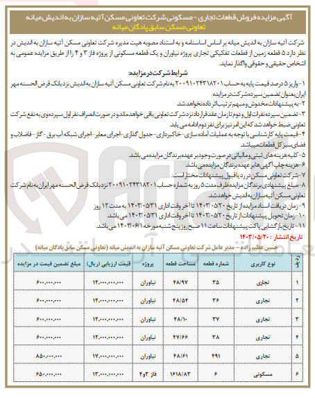 تصویر کوچک آگهی واگذاری ۵ قطعه زمین از قطعات تفکیکی تجاری پروژه نیاوران و یک قطعه مسکونی از پروژه فاز ۳ و ۴ 