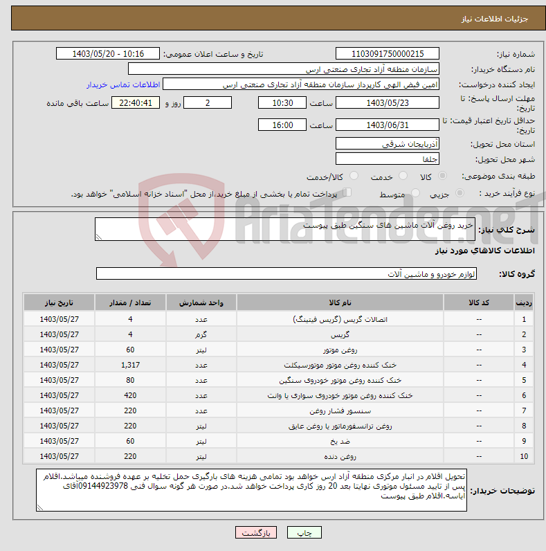 تصویر کوچک آگهی نیاز انتخاب تامین کننده-خرید روغن آلات ماشین های سنگین طبق پیوست