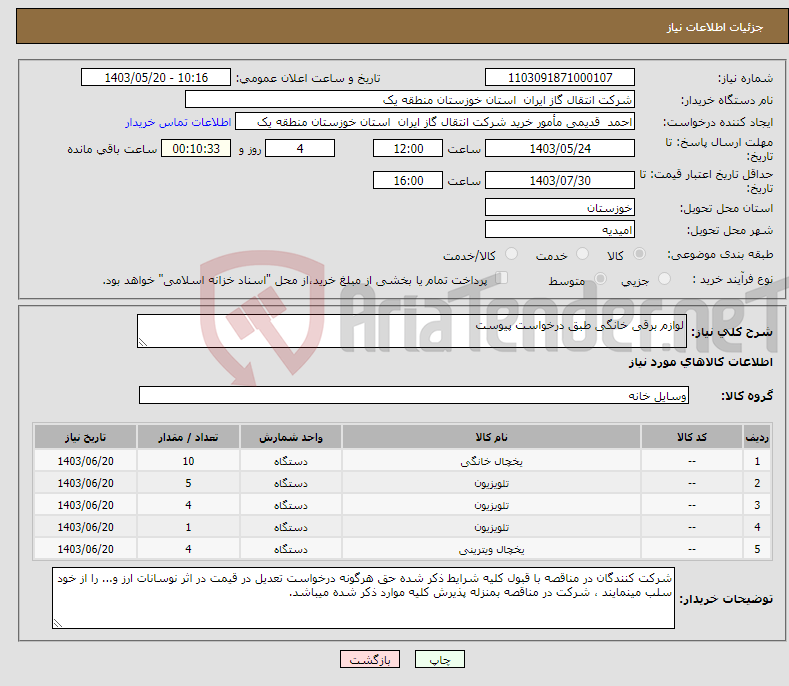 تصویر کوچک آگهی نیاز انتخاب تامین کننده-لوازم برقی خانگی طبق درخواست پیوست