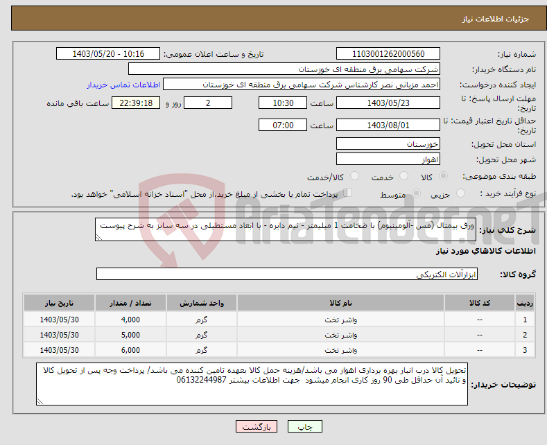 تصویر کوچک آگهی نیاز انتخاب تامین کننده-ورق بیمتال (مس -آلومینیوم) با ضخامت 1 میلیمتر - نیم دایره - با ابعاد مستطیلی در سه سایز به شرح پیوست