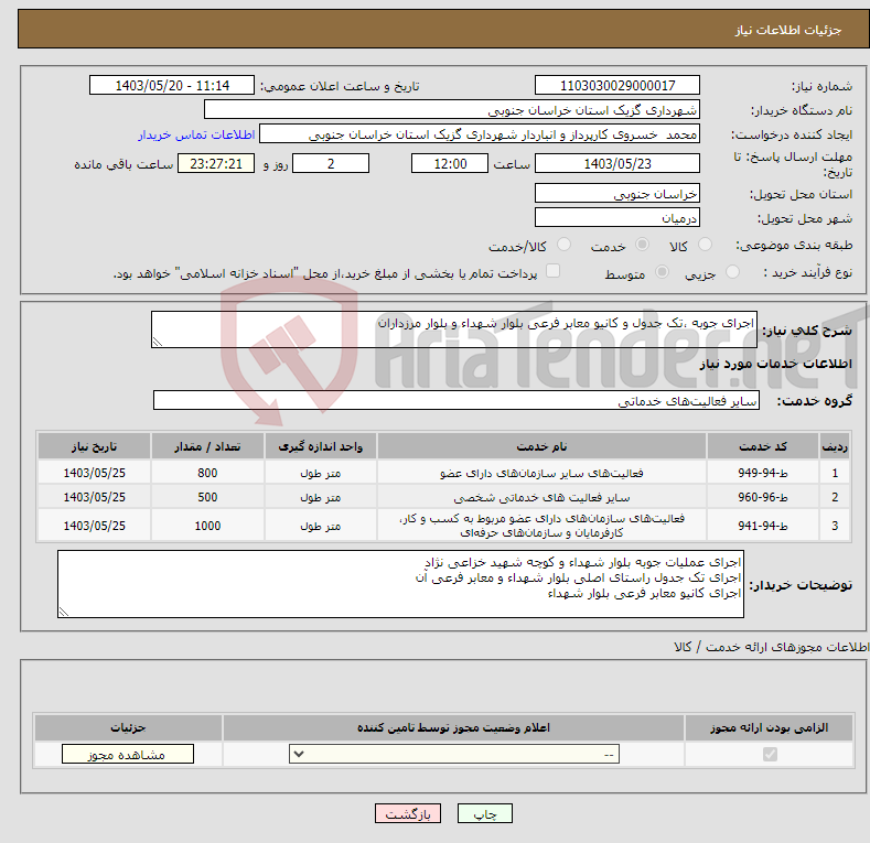 تصویر کوچک آگهی نیاز انتخاب تامین کننده-اجرای جوبه ،تک جدول و کانیو معابر فرعی بلوار شهداء و بلوار مرزداران 