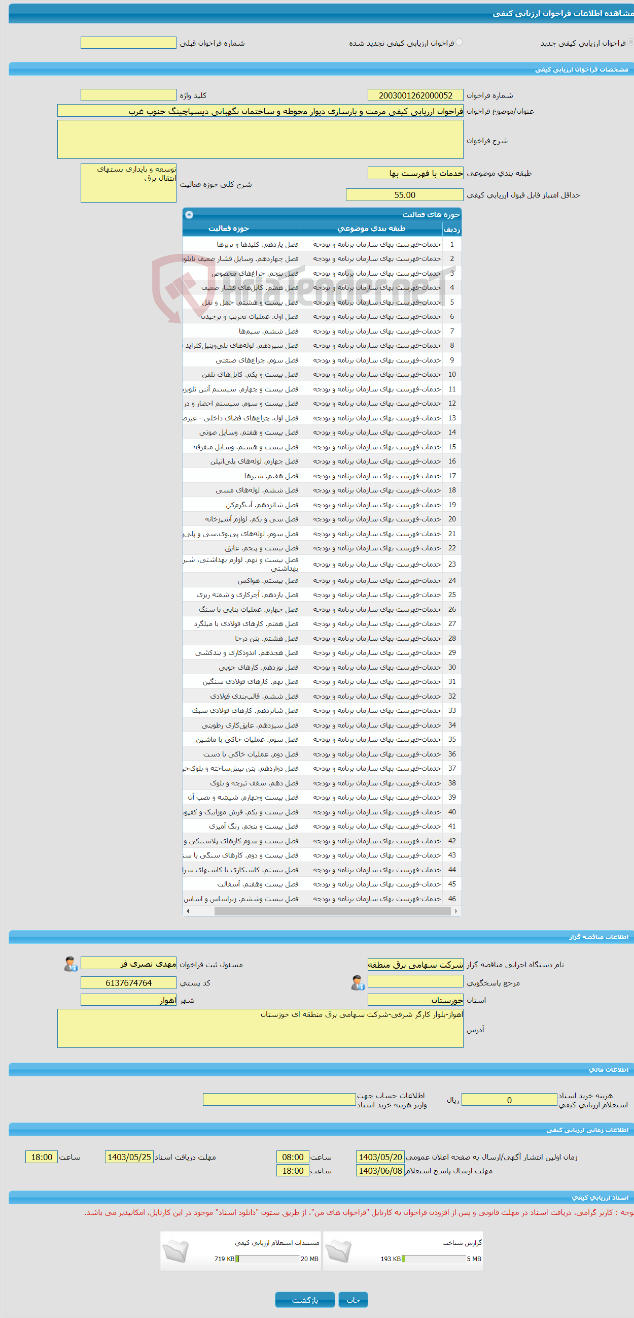 تصویر کوچک آگهی فراخوان ارزیابی کیفی مرمت و بازسازی دیوار محوطه و ساختمان نگهبانی دیسپاچینگ جنوب غرب