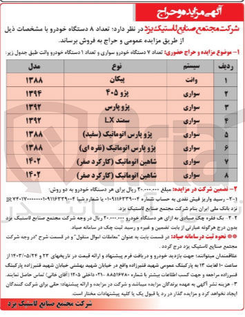 تصویر کوچک آگهی  فروش تعداد ۸ دستگاه خودرو 