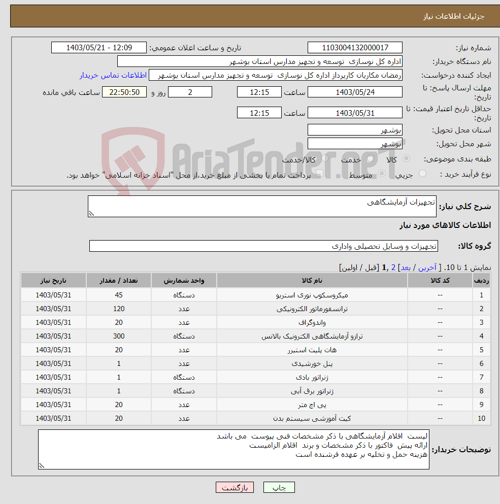 تصویر کوچک آگهی نیاز انتخاب تامین کننده-تجهیزات آزمایشگاهی