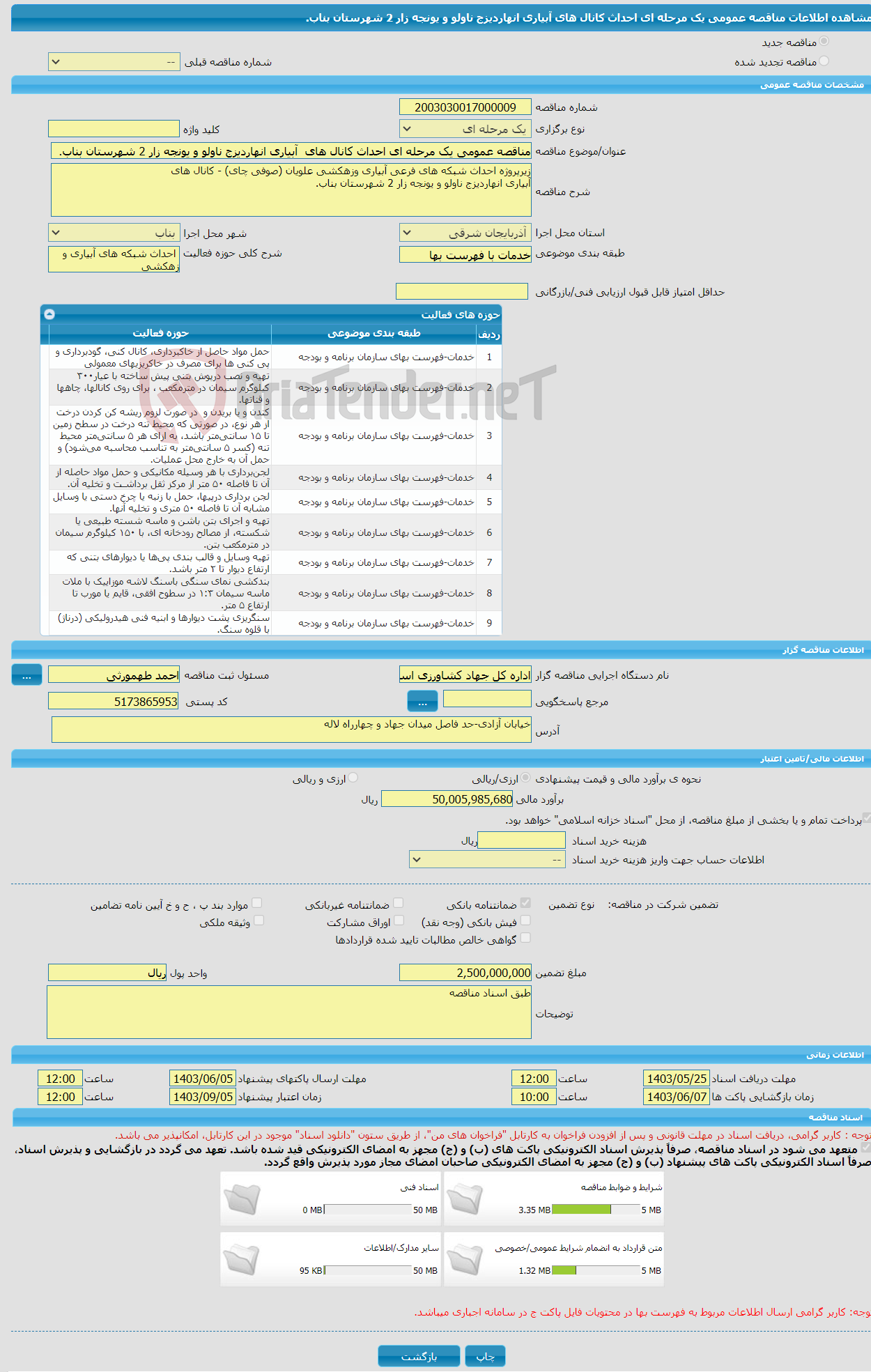 تصویر کوچک آگهی مناقصه عمومی یک مرحله ای احداث کانال های آبیاری انهاردیزج ناولو و یونجه زار 2 شهرستان بناب.