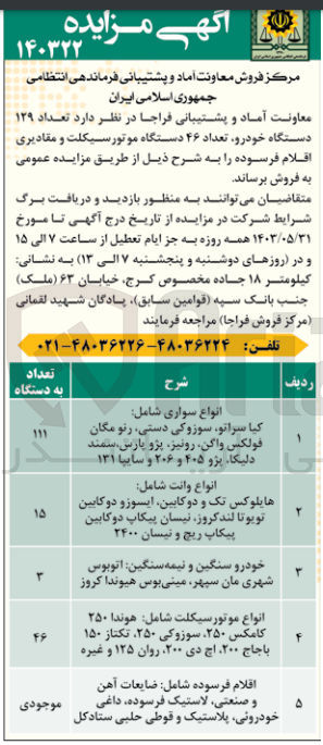 تصویر کوچک آگهی فروش تعداد 129 دستگاه خودرو ،تعداد 46 دستگاه موتور سیکلت و مقادیری اقلام فرسوده 