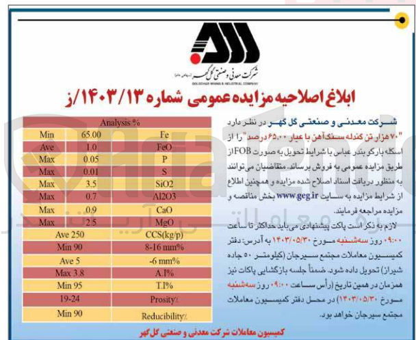 تصویر کوچک آگهی فروش 70 هزارتن گندله سنگ آهن با عیار 65،00 درصد 