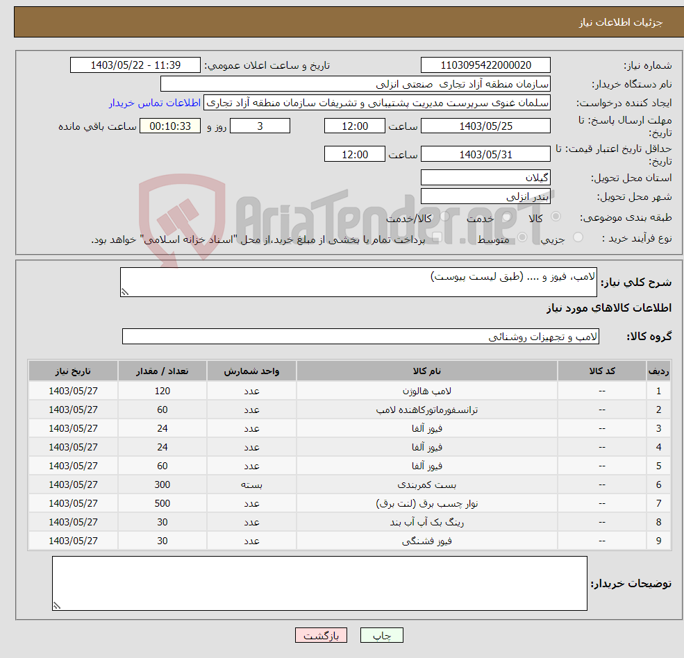تصویر کوچک آگهی نیاز انتخاب تامین کننده-لامپ، فیوز و .... (طبق لیست پیوست)