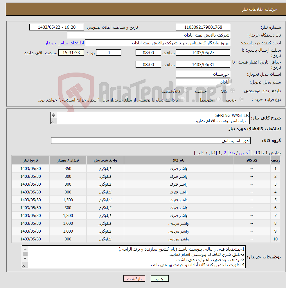 تصویر کوچک آگهی نیاز انتخاب تامین کننده-SPRING WASHER - براساس پیوست اقدام نمایید. - ******تولید داخلی ******. - شماره تماس:06153183711 