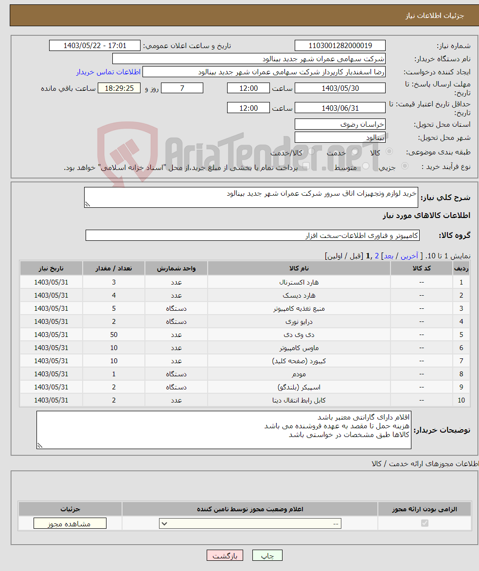 تصویر کوچک آگهی نیاز انتخاب تامین کننده-خرید لوازم وتجهیزات اتاق سرور شرکت عمران شهر جدید بینالود