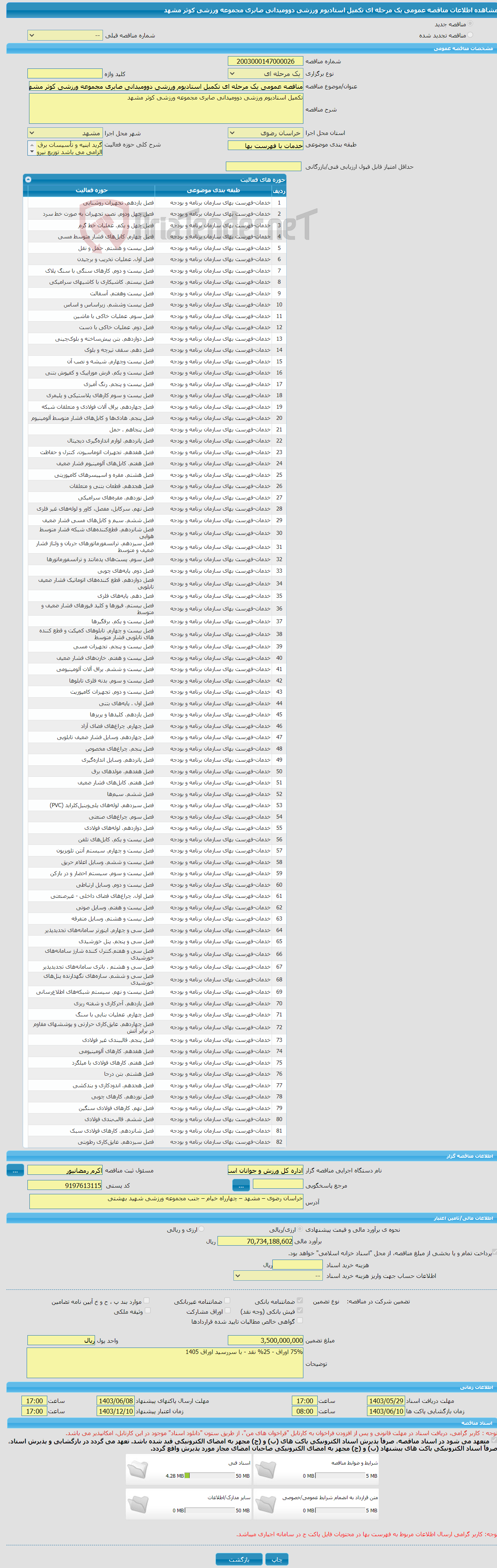تصویر کوچک آگهی مناقصه عمومی یک مرحله ای تکمیل استادیوم ورزشی دوومیدانی صابری مجموعه ورزشی کوثر مشهد