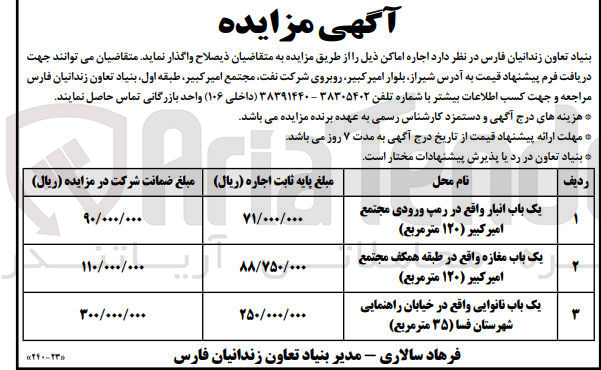 تصویر کوچک آگهی اجاره اماکن در 3 ردیف :
یک باب انبار ،یک باب مغازه و یک باب نانوایی