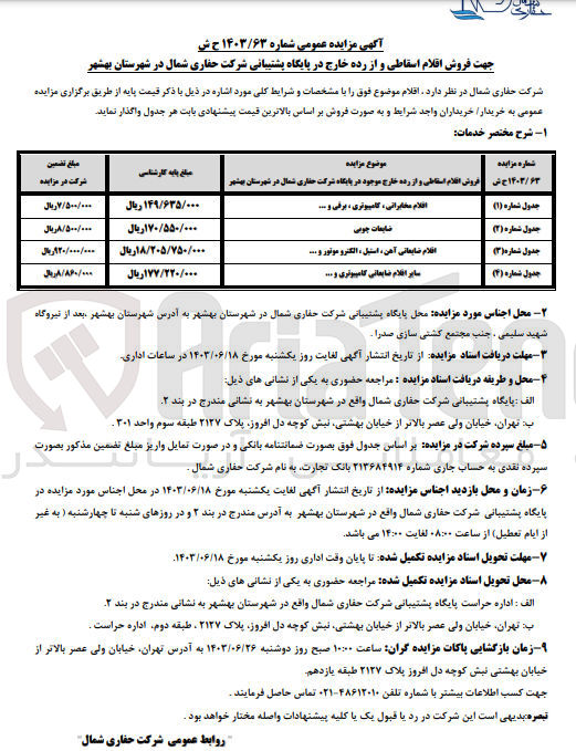 تصویر کوچک آگهی واگذاری اقلام :
ضایعات چوبی 
اقلام آهن ،استیل ،الکتروموتور و..
سایر اقلام ضایعاتی کامپیوتر و..
اقلام مخابراتی ،برقی و...
