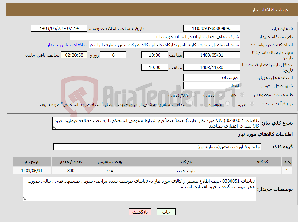 تصویر کوچک آگهی نیاز انتخاب تامین کننده-تقاضای 0330051 ( کالا مورد نظر چارت) حتماً حتماً فرم شرایط عمومی استعلام را به دقت مطالعه فرمایید خرید کالا بصورت اعتباری میباشد