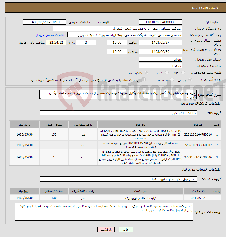 تصویر کوچک آگهی نیاز انتخاب تامین کننده-خرید ونصب تابلو برق کمر تیری با متعلقات وکابل مربوطه وحفاری مسیر از پست تا ورودی ساختمان وکابل گذاری 