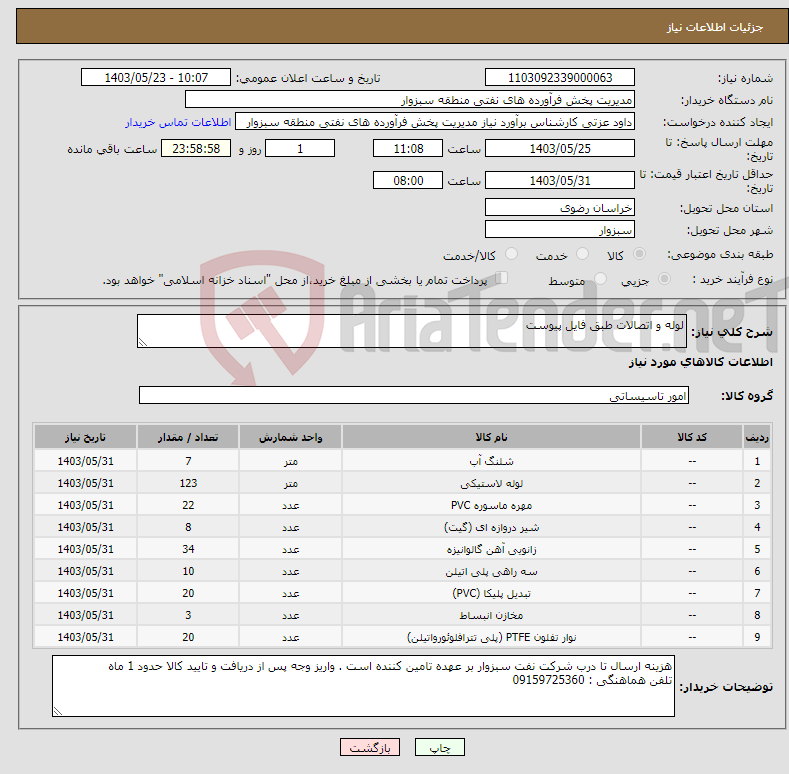 تصویر کوچک آگهی نیاز انتخاب تامین کننده-لوله و اتصالات طبق فایل پیوست 