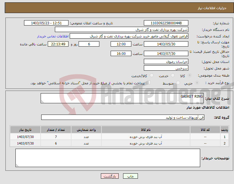 تصویر کوچک آگهی نیاز انتخاب تامین کننده-GASKET RING