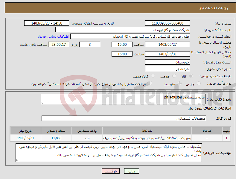 تصویر کوچک آگهی نیاز انتخاب تامین کننده-ماده شیمیایی ph adjuster