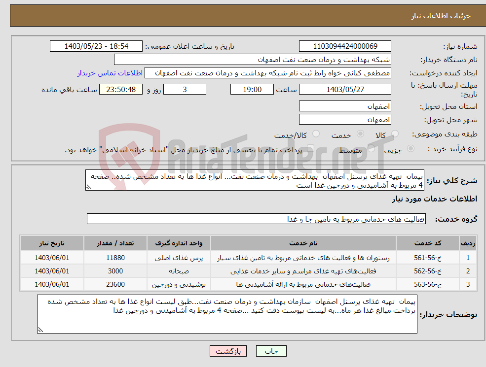 تصویر کوچک آگهی نیاز انتخاب تامین کننده-پیمان تهیه غذای پرسنل اصفهان بهداشت و درمان صنعت نفت... انواع غذا ها به تعداد مشخص شده.. صفحه 4 مربوط به آشامیدنی و دورچین غذا است