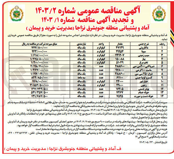 تصویر کوچک آگهی خرید اجناس زیر :
ماکارونی - سویا - سیب زمینی - پیاز - تخم مرغ - شیر پاکتی ۲۰۰ سی سی - ماست ۱۰۰ گرمی - دوغ ۲۵۰ سی سی - کنسرو لوبیا چیتی - خیارشور - زيتون - پودر دستی - حوله حمام - حوله دست و صورت