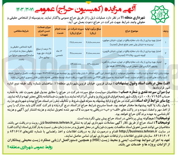 تصویر کوچک آگهی امتیاز بهره برداری از یک باب مغازه واقع در تهران، خیابان مولوی نرسیده به خیابان ولی عصر ضلع شمال