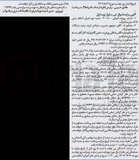 تصویر کوچک آگهی پرونده : 0200800
فروش ششدانگ سرقفلی یک باب مغازه تحت پلاک 219
ششدانگ سرقفلی دفتر خدماتی تحت پلاک 413
ارزش سرقفلی مغازه تجاری به متراژ 81/21 مترمربع تحت پلاک 225
ارزش سرقفلی مغازه تجاری به متراژ 13/42 مترمربع تحت پلاک 121