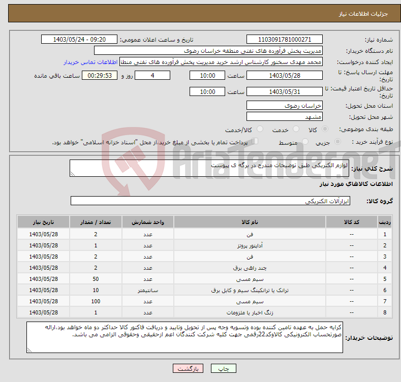 تصویر کوچک آگهی نیاز انتخاب تامین کننده-لوازم الکتریکی طبق توضیحات مندرج در برگه ی پیوست