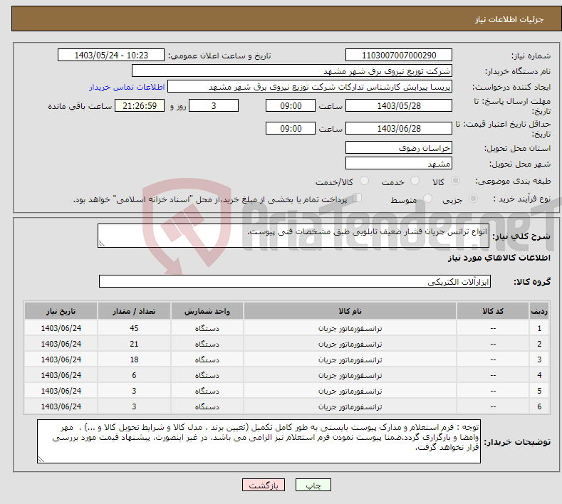 تصویر کوچک آگهی نیاز انتخاب تامین کننده-انواع ترانس جریان فشار ضعیف تابلویی طبق مشخصات فنی پیوست.