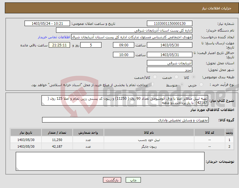 تصویر کوچک آگهی نیاز انتخاب تامین کننده-تهیه لیبل متالایز اعلا با ورق آلومنیومی تعداد 90 رول ( 11250) و ریبون کد پستی رزین تمام و اعلا 125 رول ( 42187) با باز پرداخت دو ماهه 