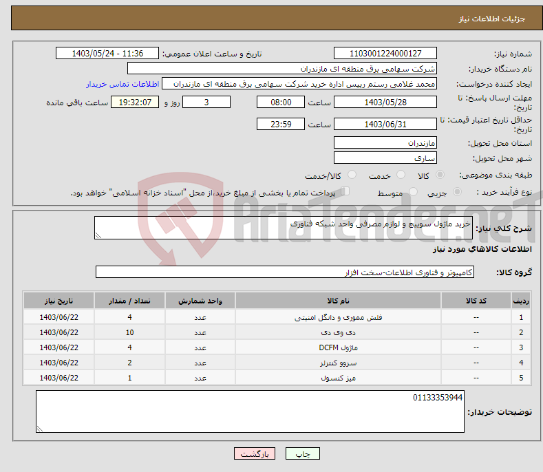 تصویر کوچک آگهی نیاز انتخاب تامین کننده-خرید ماژول سوییچ و لوازم مصرفی واحد شبکه فناوری