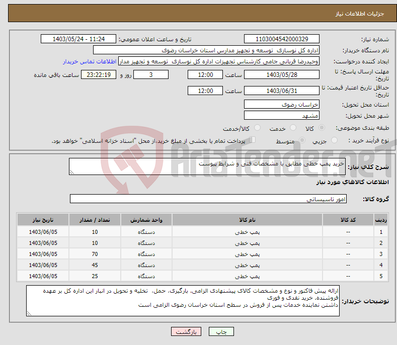 تصویر کوچک آگهی نیاز انتخاب تامین کننده-خرید پمپ خطی مطابق با مشخصات فنی و شرایط پیوست