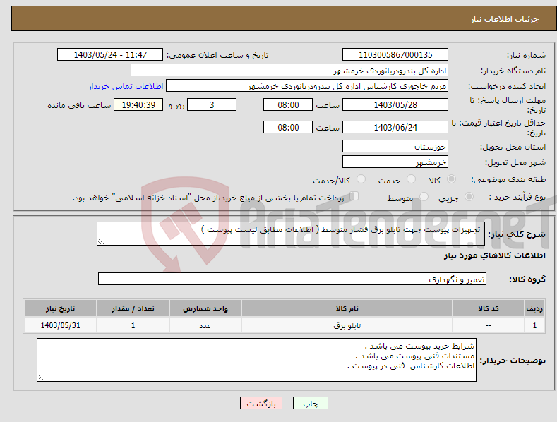 تصویر کوچک آگهی نیاز انتخاب تامین کننده- تجهیزات پیوست جهت تابلو برق فشار متوسط ( اطلاعات مطابق لیست پیوست ) 