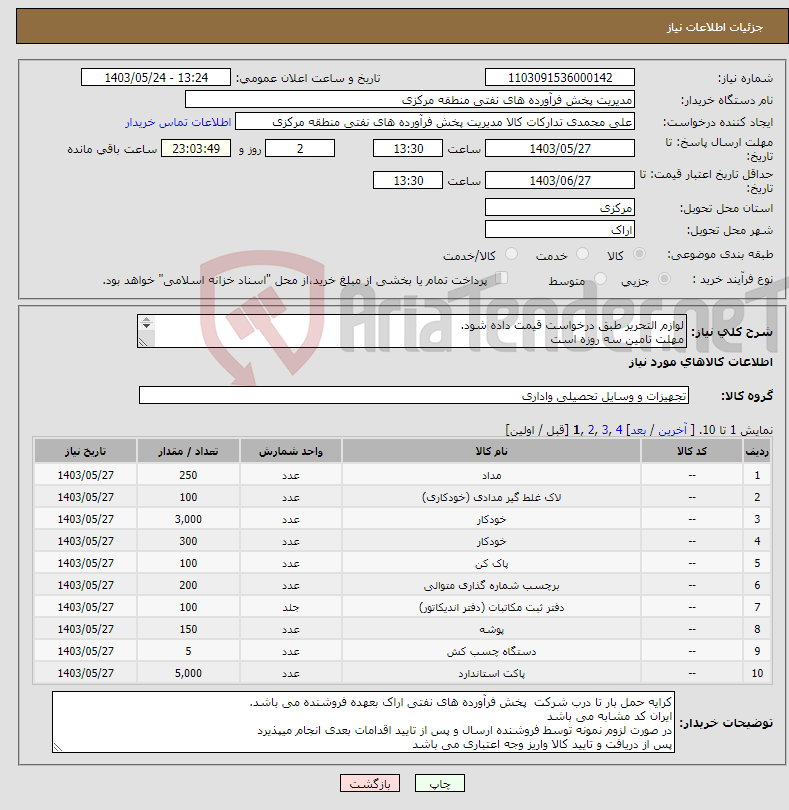 تصویر کوچک آگهی نیاز انتخاب تامین کننده-لوازم التحریر طبق درخواست قیمت داده شود. مهلت تامین سه روزه است کد22رقمی جهت اشخاص حقیقی وحقوقی الزامیست