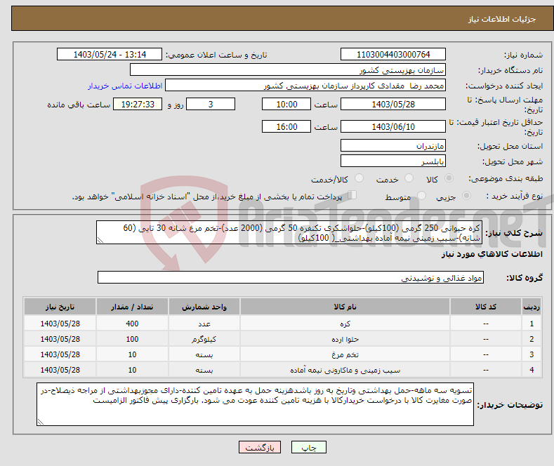 تصویر کوچک آگهی نیاز انتخاب تامین کننده-کره حیوانی 250 گرمی (100کیلو)-حلواشکری تکنفره 50 گرمی (2000 عدد)-تخم مرغ شانه 30 تایی (60 شانه)-سیب زمینی نیمه آماده بهداشتی_( 100کیلو)