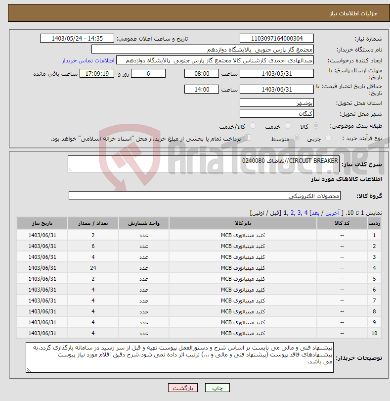 تصویر کوچک آگهی نیاز انتخاب تامین کننده-CIRCUIT BREAKER//تقاضای 0240080