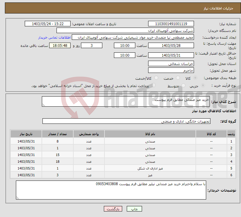 تصویر کوچک آگهی نیاز انتخاب تامین کننده-خرید میز صندلی مطابق فرم پیوست 