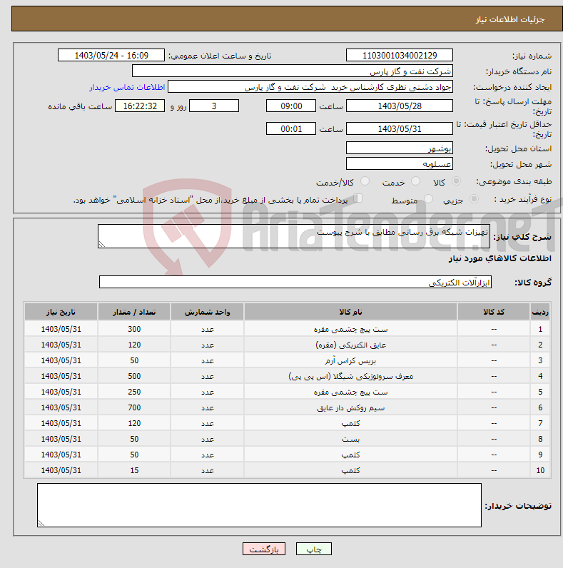 تصویر کوچک آگهی نیاز انتخاب تامین کننده-تهیزات شبکه برق رسانی مطابق با شرح پیوست 