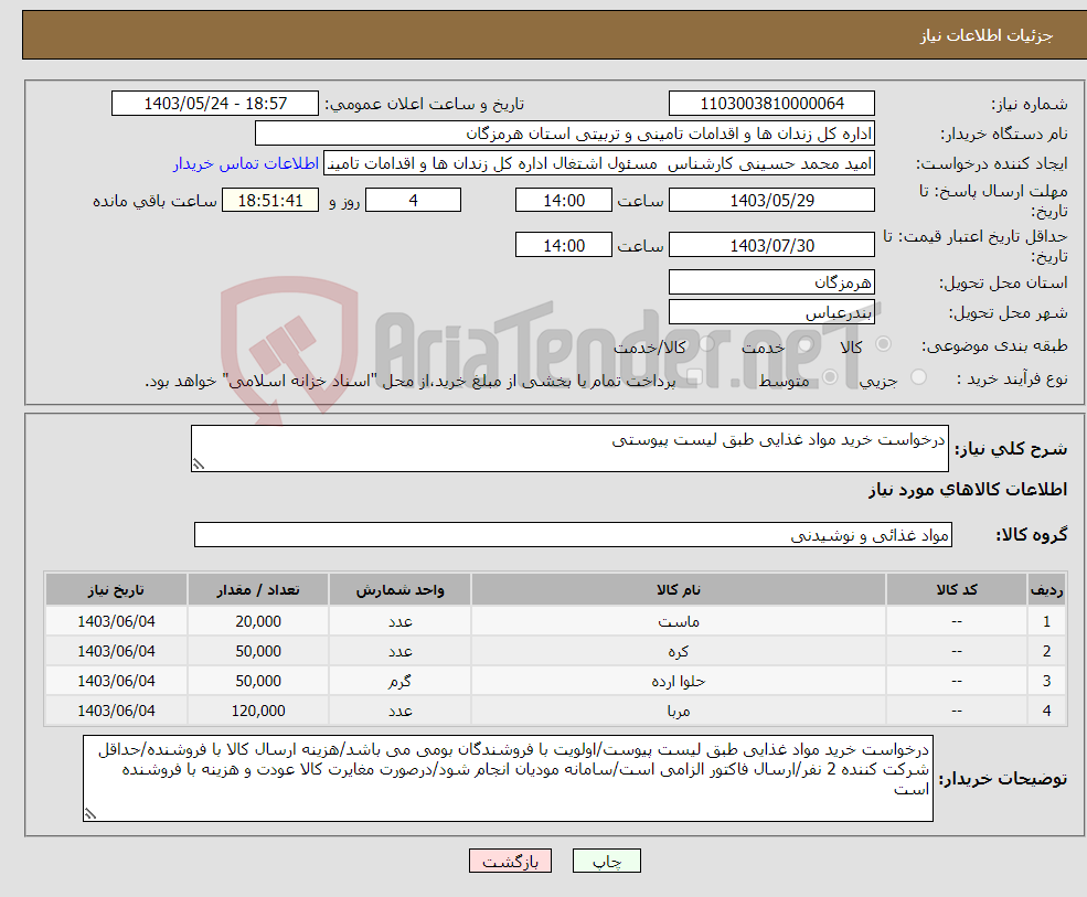 تصویر کوچک آگهی نیاز انتخاب تامین کننده-درخواست خرید مواد غذایی طبق لیست پیوستی