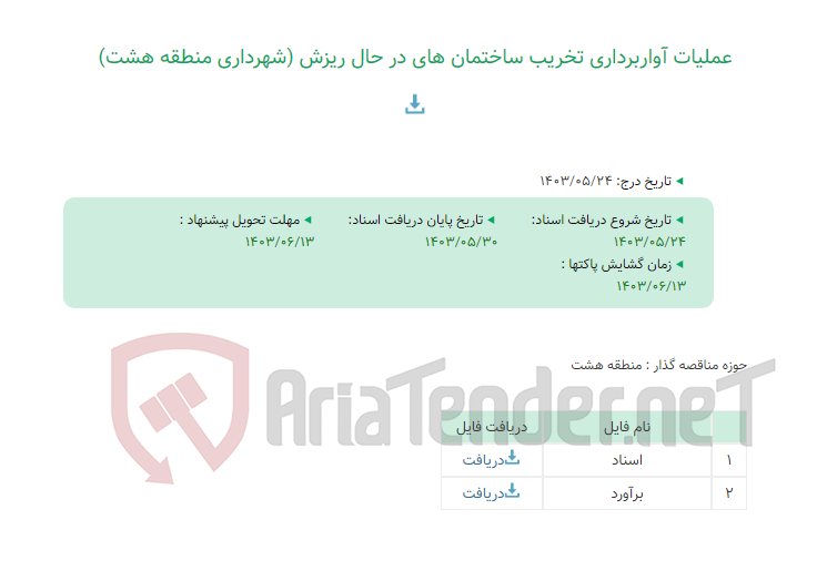 تصویر کوچک آگهی عملیات آواربرداری تخریب ساختمان های در حال ریزش (شهرداری منطقه هشت)